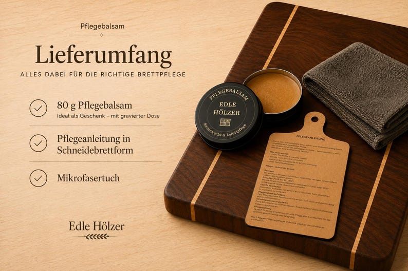 Lieferumfang mit Pflegebalsam Dose, Pflegeanleitung und Tuch für Holzpflege in der Küche