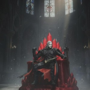 May include: A figurine of a long-haired character with pale skin wearing black armor and a red-lined cape, seated on a throne made of jagged red crystals. The character holds a sword in one hand and rests the other on the arm of the throne.