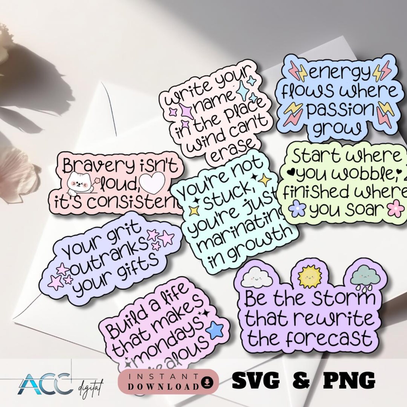 Inspirational Sticker SVG PNG Bundle, Motivational Sticker, Printable ...