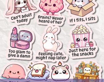 Cute Funny Sticker Pack SVG PNG Bundle, Kawaii Printable Adult humor Quotes, Sarcastic Digital Planner Stickers for Goodnotes and Journal