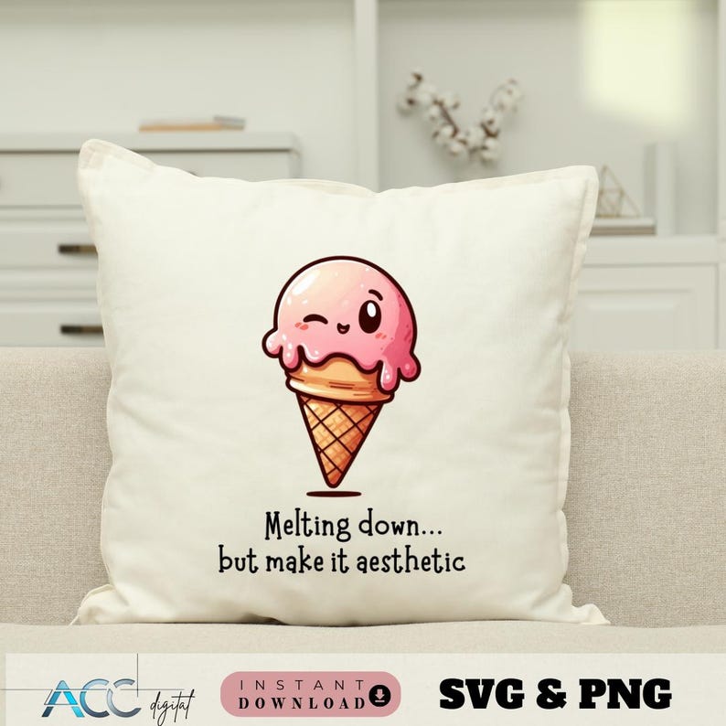 May include: A square, off-white pillow featuring a cartoon ice cream cone with a pink scoop and a waffle cone. The ice cream is winking. Below the ice cream cone is the text: "Melting down... but make it aesthetic."