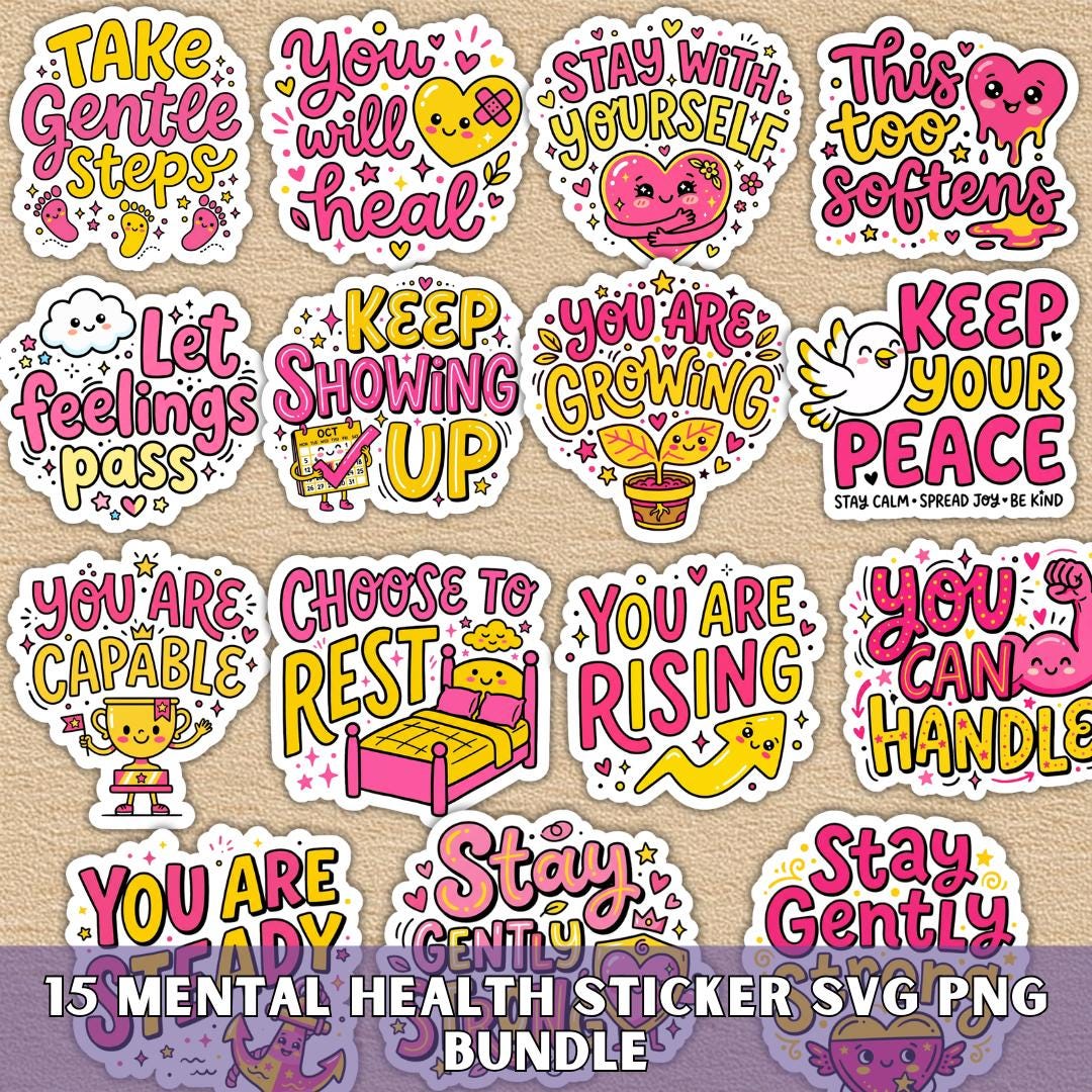 Anxiety Stickers Pack SVG PNG Bundle, Kawaii Mental Health Decals for ...