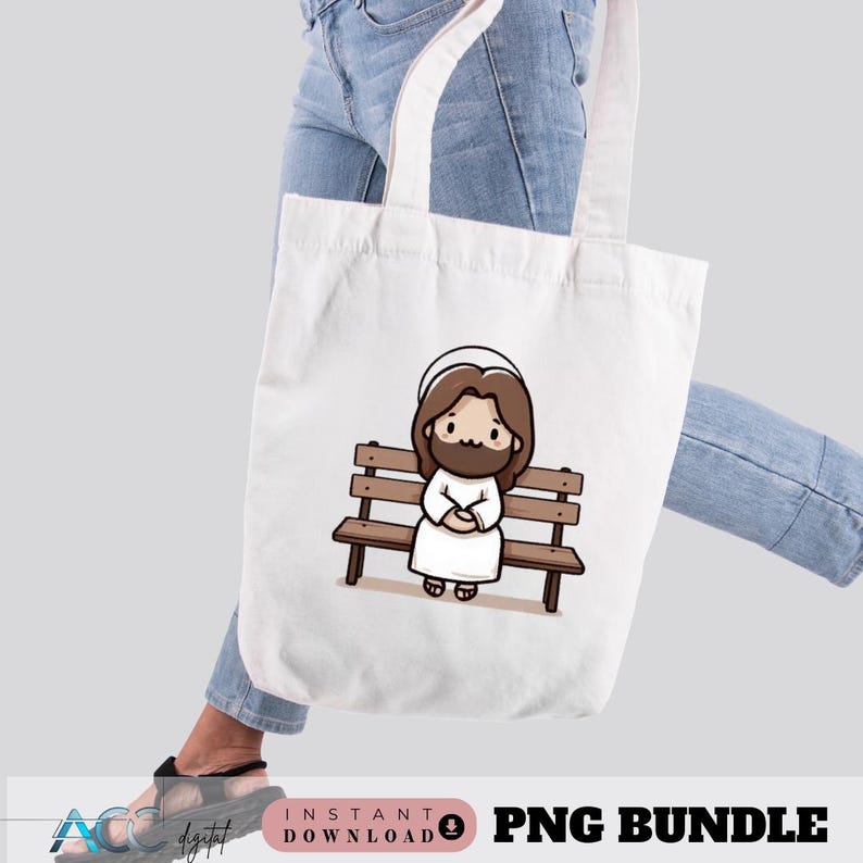 May include: White tote bag featuring a cartoon illustration of a figure with brown hair and a beard, wearing a white robe and sitting on a brown bench. The bag has white handles and the text "PNG BUNDLE".