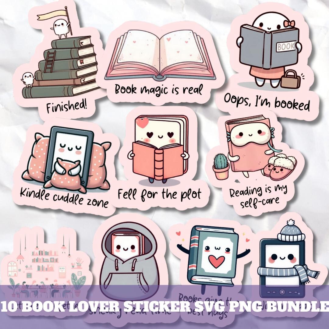 Book Lover Sticker Pack PNG SVG Bundle, Printable and Digital Kindle ...