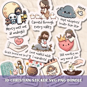 Può includere: Una collezione di 10 adesivi a tema cristiano con varie illustrazioni e frasi. I disegni includono Gesù con pecore, un cuore, una nuvola e testi come "Mercy met me at midnight" e "Hope whispered louder than fear". Gli adesivi sono in stile cartone animato.