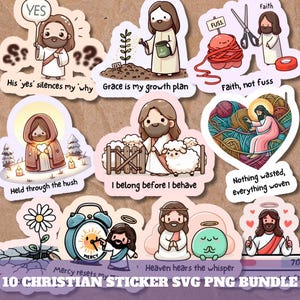 Può includere: Una collezione di dieci adesivi a tema cristiano con illustrazioni di Gesù e citazioni ispiratrici. Gli adesivi presentano vari disegni, tra cui Gesù con le pecore, che pianta un albero e tiene un cuore. Il testo include frasi come "Grace is my growth plan".