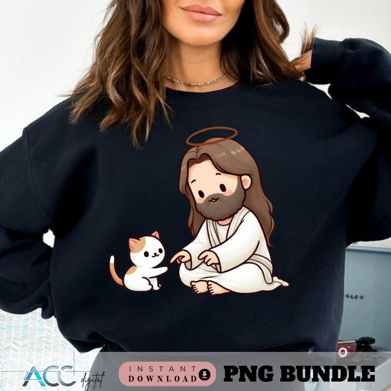 May include: Black sweatshirt featuring a cartoon illustration of Jesus with a halo, interacting with a small, white and orange cat. The sweatshirt has the text "PNG BUNDLE" at the bottom. The design is a digital download.
