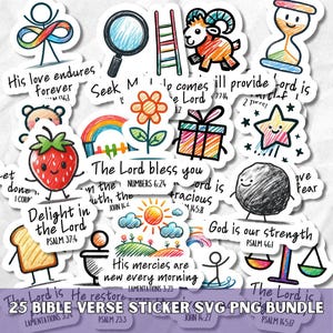 以下が含まれることがあります： カラフルな手描きのデザインが施された、25枚の聖書の詩のステッカーのコレクション。各ステッカーには、イチゴ、星、ギフトボックスなど、さまざまなイラストと、対応する聖書の参照が含まれています。