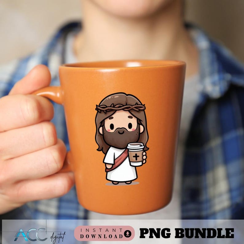 May include: An orange ceramic mug featuring a cartoon illustration of Jesus with a crown of thorns, holding a coffee cup with a cross. The mug has a handle and is held by a person.