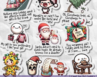 Grappige kerststickers in PNG-formaat, humoristische kerstcitaten als clipart, herkenbare vakantieontwerpen, leuke stickerbundel voor planner en dagboek.