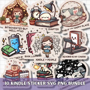 Kindle Stickers SVG PNG Bundle, Printable Book lover clipart, Goodnotes Digital Planner Sticker, Kawaii gift for bookish reader and bookworm