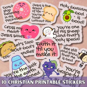 Pode incluir: Um conjunto de 10 autocolantes cristãos para imprimir. Cada autocolante apresenta ilustrações coloridas e mensagens inspiradoras, incluindo um donut rosa, um abacate e uma fatia de pão sorridente. Perfeitos para artesanato.