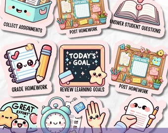 Teacher Digital Planner Stickers SVG PNG Bundle, Kawaii Goodnotes Sticker, Printable Daily Task Clipart, School Classroom Label, Lesson Plan