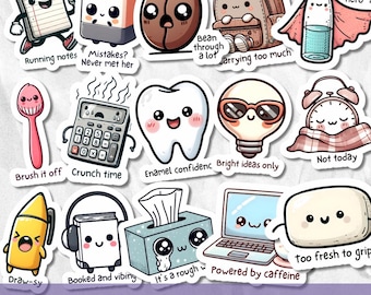 Kawaii Funny Pun Sticker SVG PNG Bundle, Printable Sarcastic Quotes Clipart for Goodnotes & Journals
