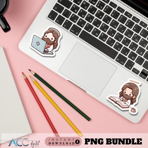 May include: A laptop with two stickers of Jesus, one using a laptop and the other reading a book. Three colored pencils, red, yellow, and green, are on a pink surface. The image also includes the text "PNG BUNDLE".