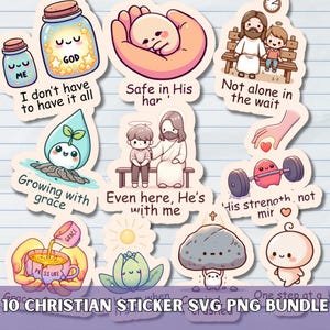 May include: A set of ten Christian-themed stickers with diverse illustrations. The stickers depict a jar with the word "GOD", a hand cradling a baby, Jesus with children, and other inspirational images. The text "10 CHRISTIAN STICKER SVG PNG BUNDLE" is at the bottom.