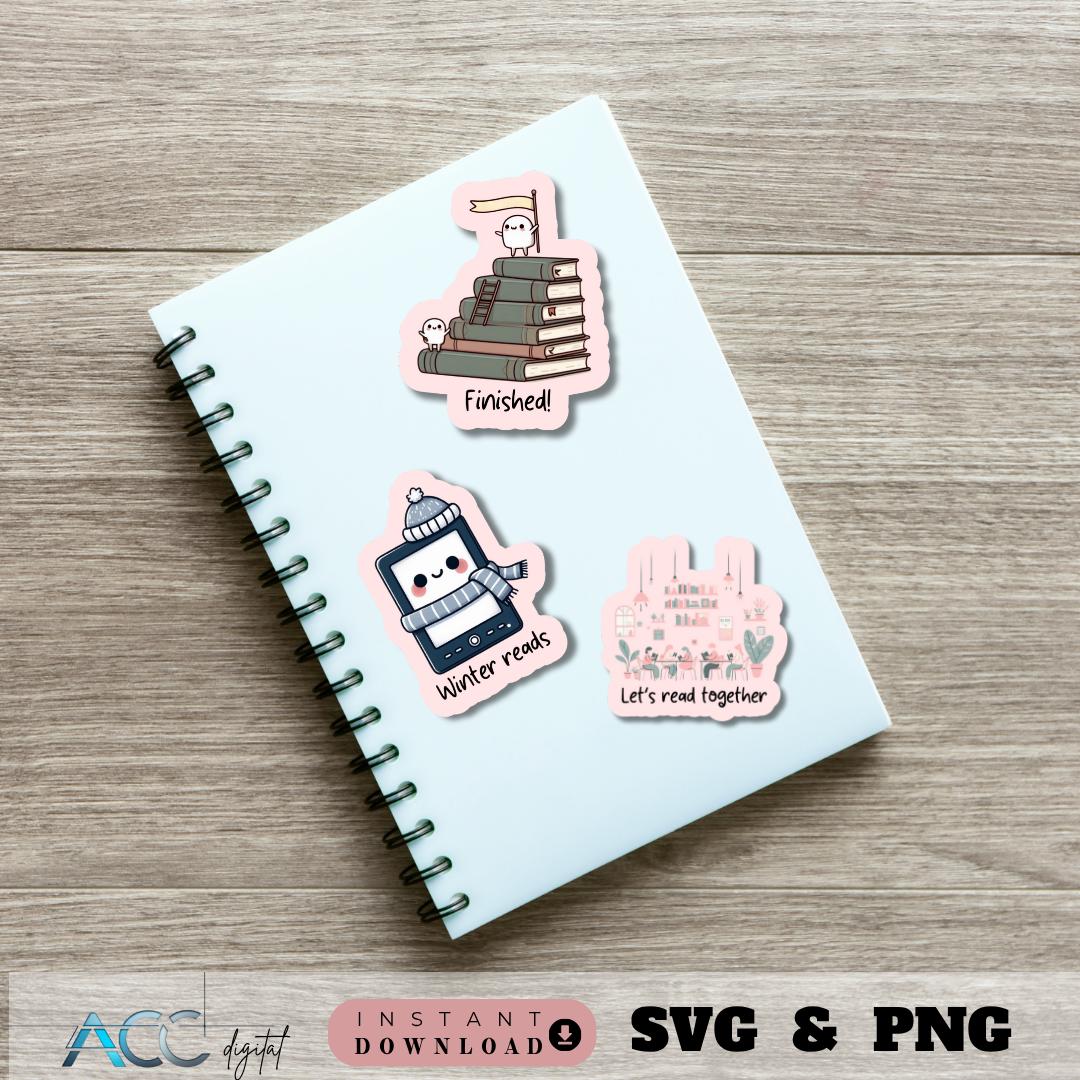 Book Lover Sticker Pack PNG SVG Bundle, Printable and Digital Kindle ...