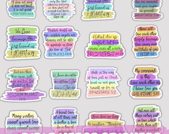 May include: Fifteen colorful stickers with Bible verses printed on them. The stickers have a rainbow-like design with a white background. The verses include "Love is patient, love is kind", "We love because He first loved us", "Love does no harm to neighbor", and more.