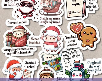 Originele kerststickerset, grappige kerstcitaten in PNG-formaat, leuke kerstontwerpen voor cadeaus, dagboeken en knutselwerkjes