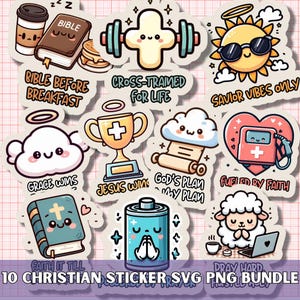 May include: A collection of 10 Christian-themed stickers with various designs. The stickers include a Bible, a cross with weights, a sun wearing sunglasses, a cloud, a trophy, a gas pump, a battery, and a sheep with a laptop. Text includes "Bible Before Breakfast" and "Savior Vibes Only".