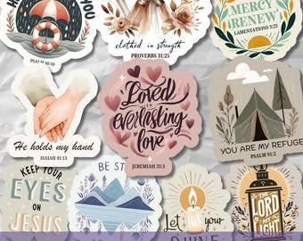 May include: A collection of ten Christian-themed stickers with various designs. The stickers feature inspirational quotes, illustrations of a life preserver, armor, hands, a tent, a mountain scene, a candle, and a lantern. The text "10 CHRISTIAN STICKER SVG PNG BUNDLE" is also present.