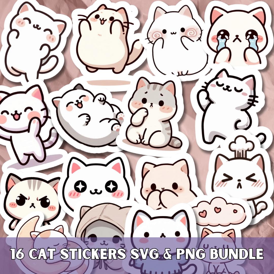Mood Cat Stickers SVG PNG Bundle, Kawaii Cat Lover Printable Sticker ...