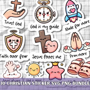 Peut inclure: Collection de 10 autocollants chrétiens avec des illustrations mignonnes. Les motifs incluent une croix, une boussole, une fusée, un bouclier, des mains en prière et un cœur. Chaque autocollant porte un message unique comme "Trust God".