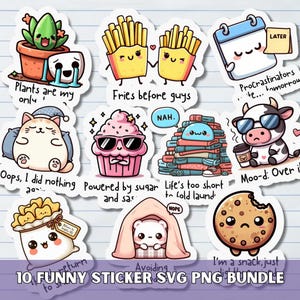 Kawaii roliga klistermärken SVG PNG-paket, sakrastiskt utskrivbart clipart, digitala planeringsklistermärken, sarkasmiska vuxenskämt, Goodnotes kvicka klistermärken