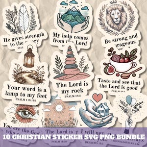 May include: A collection of ten Christian-themed stickers with various designs and inspirational quotes. The stickers feature illustrations of a lion, mountains, hands, a house, and other religious symbols. Each sticker includes a Bible verse.