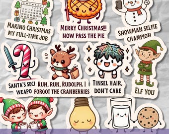 Grappige kerststickers in PNG-formaat, kerstcitaten als clipart, schattige kerstontwerpen, printbare stickerbundel voor planner en dagboek.