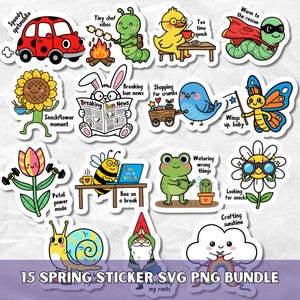 Puede incluir: Una colección de 15 pegatinas con temática primaveral con ilustraciones caprichosas. Los diseños incluyen un coche de mariquita, una oruga chef, un pato con té, un superhéroe gusano, un girasol, un conejo leyendo un periódico, un pájaro azul, una mariposa, un tulipán, una abeja en un portátil, una rana, una margarita, un caracol, un gnomo y una nube.