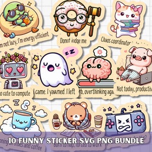 Cute Funny Stickers SVG PNG Bundle, Sarcastic Quotes, Adult Humor Jokes, Witty Quote Clipart, Digital Planner and Printable Kawaii Sticker