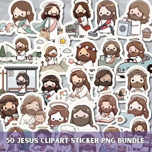 May include: A collection of 50 Jesus clipart stickers in various poses and activities. The stickers feature a cartoon-style depiction of Jesus with a halo, beard, and long hair. Some stickers show Jesus with a shopping cart, fishing, or driving a car.