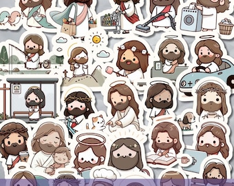 50 Jesus Clipart Stickers PNG Bundle, Kawaii Christ Printable Christian Sticker for Laptop & Car Decal, Digital Planner Goodnotes cliparts
