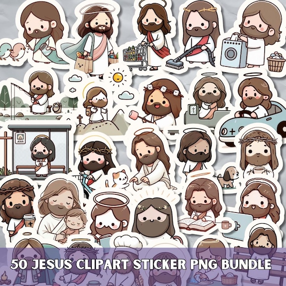 50 Jesus Clipart Stickers PNG Bundle, Kawaii Christ Printable Christian Sticker for Laptop & Car Decal, Digital Planner Goodnotes cliparts