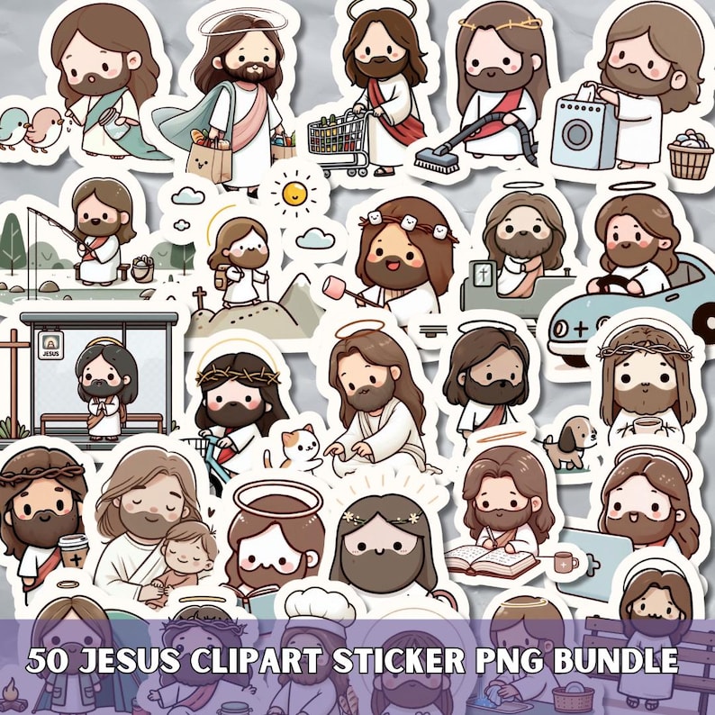 May include: A collection of 50 Jesus clipart stickers in various poses and activities. The stickers feature a cartoon-style depiction of Jesus with a halo, beard, and long hair. Some stickers show Jesus with a shopping cart, fishing, or driving a car.