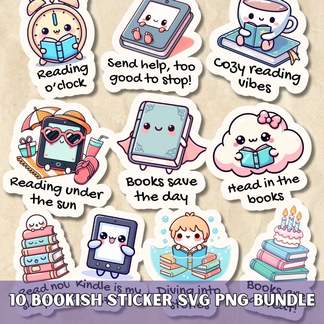 Reading Bookish Stickers SVG PNG Bundle, Kindle Digital and Printable ...