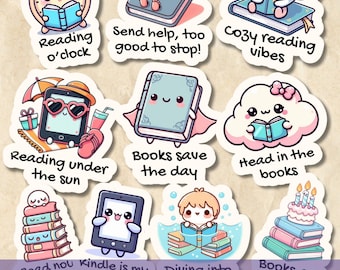 Reading Bookish Stickers SVG PNG Bundle, Kindle Digital and Printable Sticker, Gifts for Bookworm / Book Lover, Waterbottle & Laptop decal