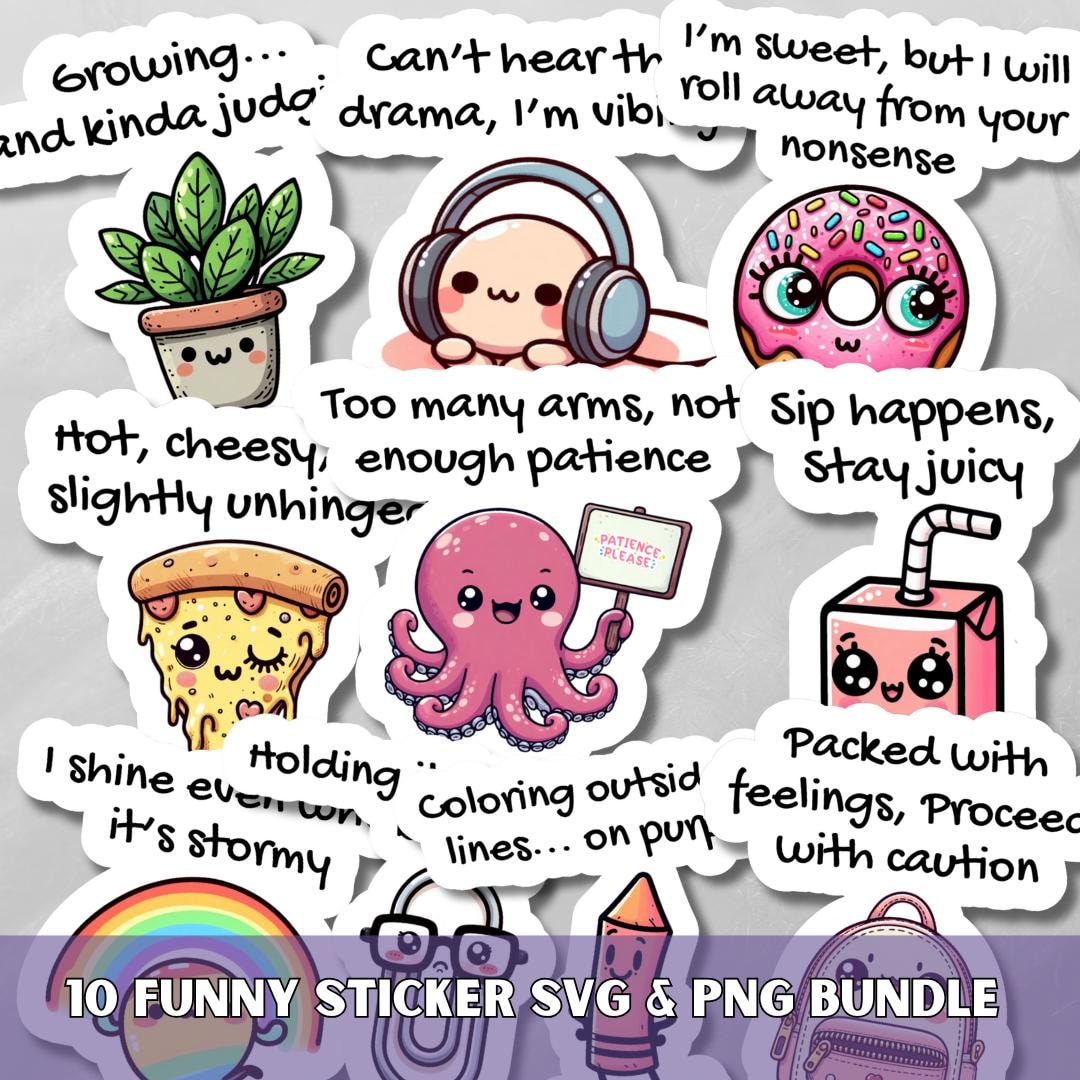 Funny Sticker Pack SVG PNG Bundle, Sarcasm Adult Humor, Digital Planner ...
