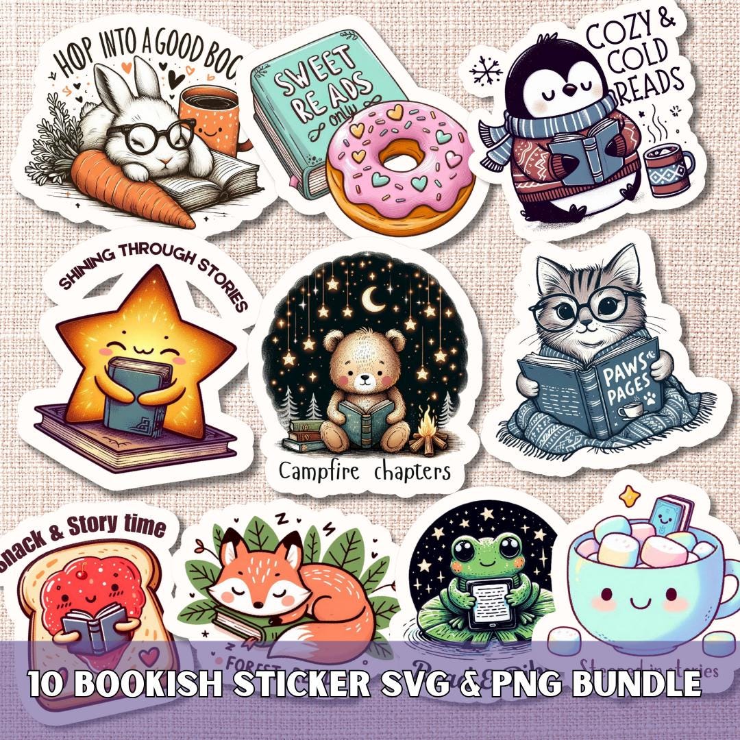 Bookish Sticker SVG PNG Bundle, Printable Kindle Stickers, Book Lover ...