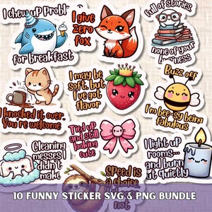 Funny Sticker Pack SVG PNG Bundle, Printable Sarcastic Quotes, Adult humor, Snarky, Jokes, Digital Planner Clipart for Goodnotes and Journal