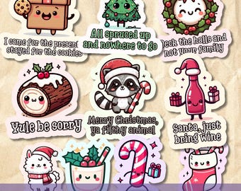 Sarcastische kerststickers in PNG-formaat, grappige kerstcitaten als clipart, leuke kerstontwerpen, kerststickerbundel voor dagboek en knutselprojecten.
