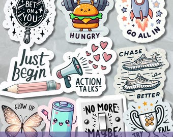 Motivational Quote Sticker Bundle, Positive Affirmation PNG, Inspirational Stickers for Journals, Planners, Laptops & Crafts