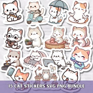 以下が含まれることがあります： 様々なポーズの漫画の猫が描かれた15枚の猫ステッカーのセット。ステッカーには、歯ブラシ、本、ショッピングカートなどのアイテムを持っている猫が描かれています。テキスト「15 CAT STICKERS SVG PNG BUNDLE」が下部にあります。