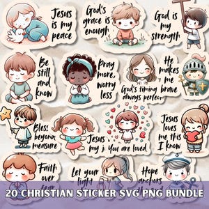 Peut inclure: Un ensemble de 20 autocollants chrétiens avec des illustrations d'enfants et des citations inspirantes. Les autocollants présentent des phrases comme « Jésus est ma paix » et « La grâce de Dieu suffit ». Le lot comprend des fichiers SVG et PNG.