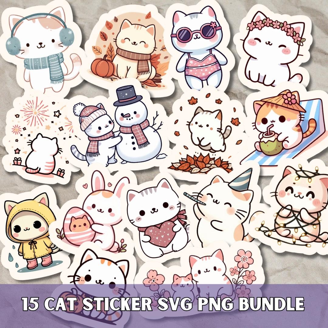Seasonal Cat Stickers SVG PNG Bundle, Cute Cat Lover Gift, Kawaii ...