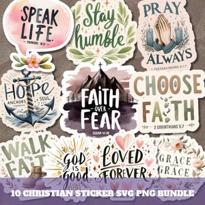 Puede incluir: Un conjunto de diez pegatinas de temática cristiana con varios diseños y citas inspiradoras. Las pegatinas presentan frases como "Speak Life", "Stay Humble" y "Faith Over Fear". La paleta de colores incluye pasteles suaves y efectos de acuarela.