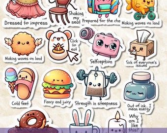 Funny Silly Quotes SVG PNG Bundle, Kawaii Clipart Packs, Printable Stickers for Journal & Planners