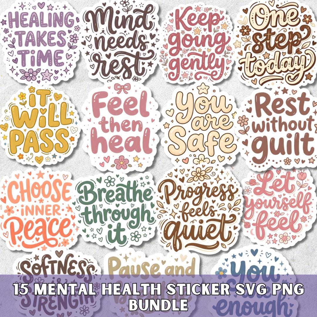 Kawaii Mental Health Quotes SVG PNG Bundle, Printable Decals for ...