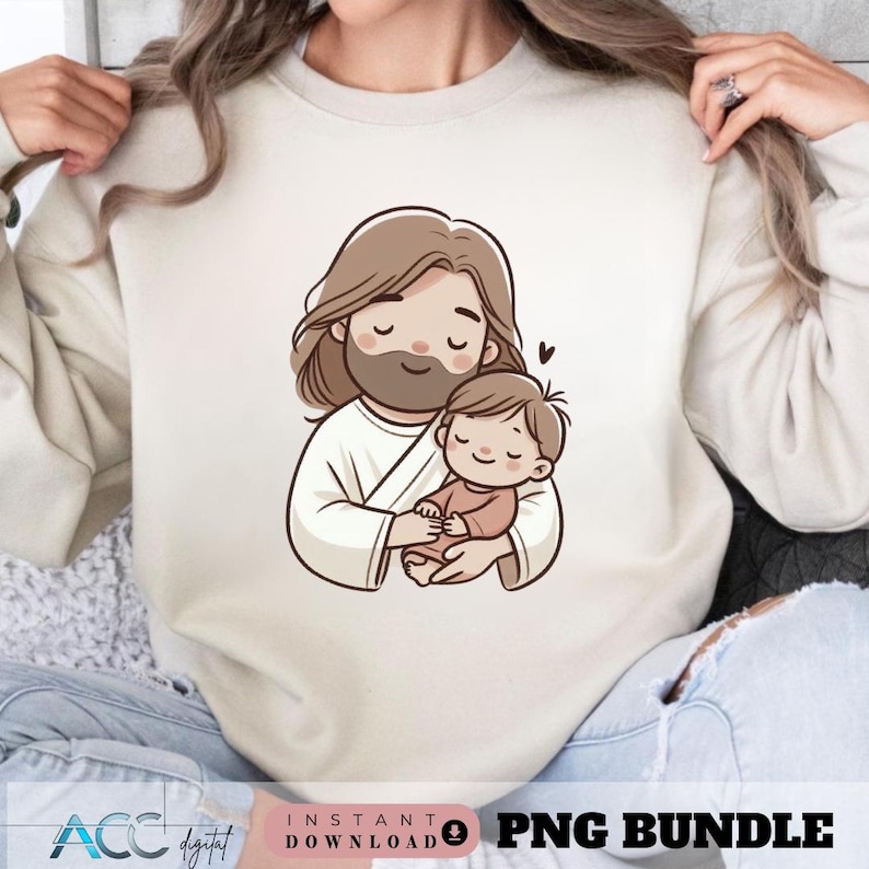 May include: Cream-colored sweatshirt featuring a cartoon illustration of a figure with long brown hair and a beard holding a baby. The baby is wearing a pink outfit. The words "INSTANT DOWNLOAD" and "PNG BUNDLE" are at the bottom.